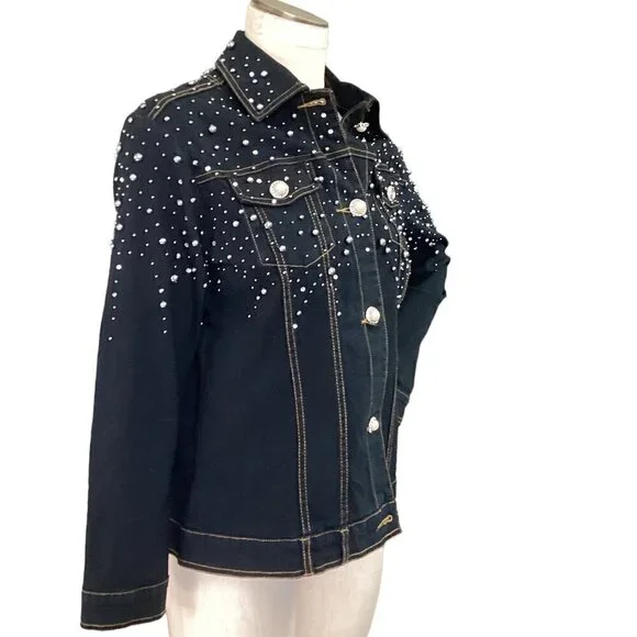 Quacker Factory Black Denim/Jean Jacket Pearl Buttons Beaded Studed Sz XS #57X - Picture 4 of 9